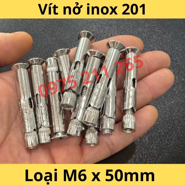 100 vít nở inox M6 x 50mm, giá đinh vít inox 201 âm tường 18 Vít nở inox M6